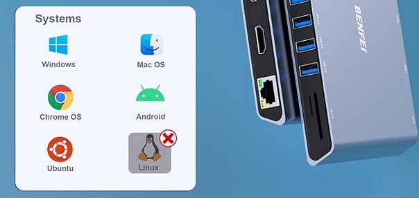 a "System" compatibility chart for a usb hub, it lists "Windows, Mac OS, Chrome OS, Android, Ubuntu" as supported, but "Linux" as unsupported, shaded out and with a red X